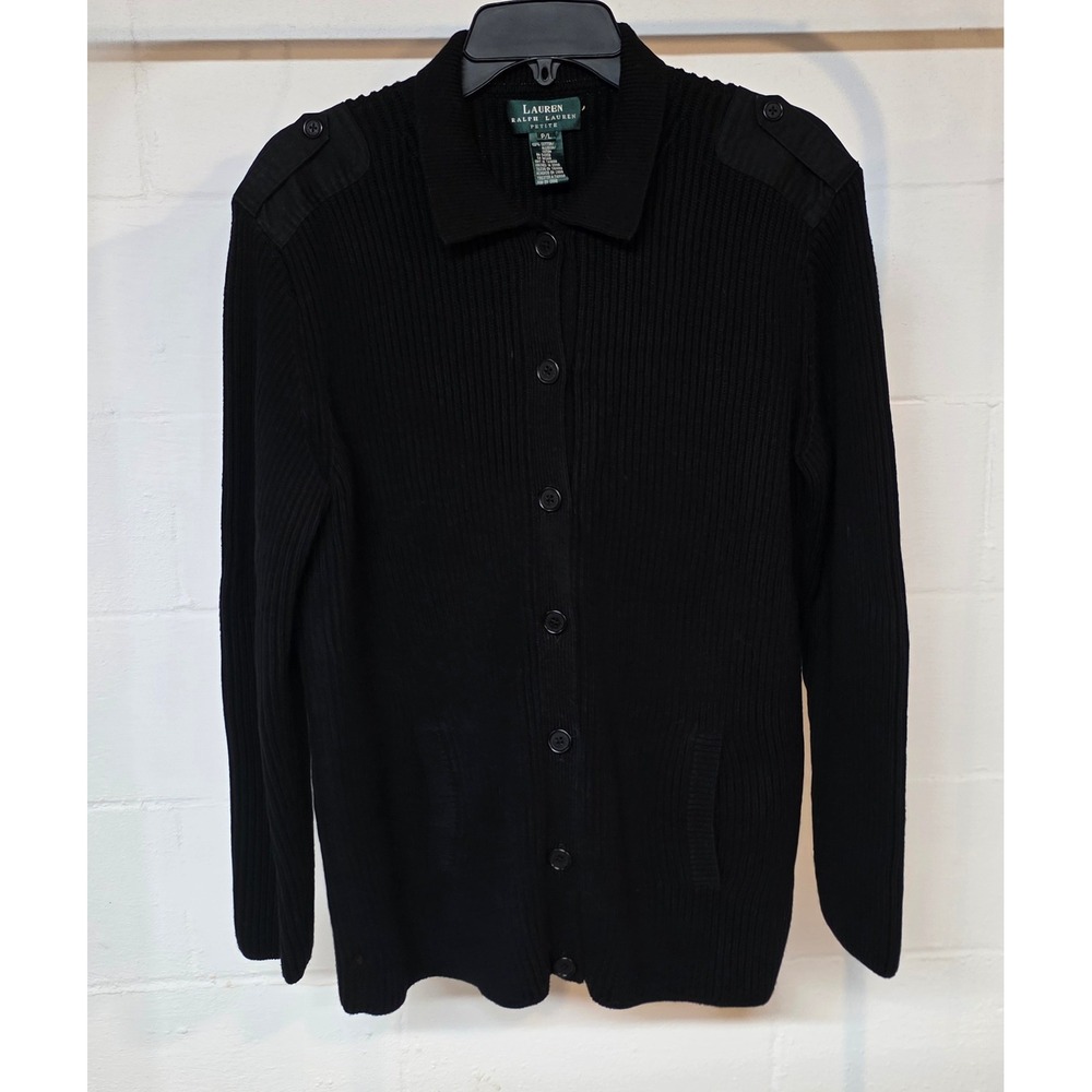 Lauren Ralph Lauren Petite L Black Ribbed Cotton Military Cardigan Sweater